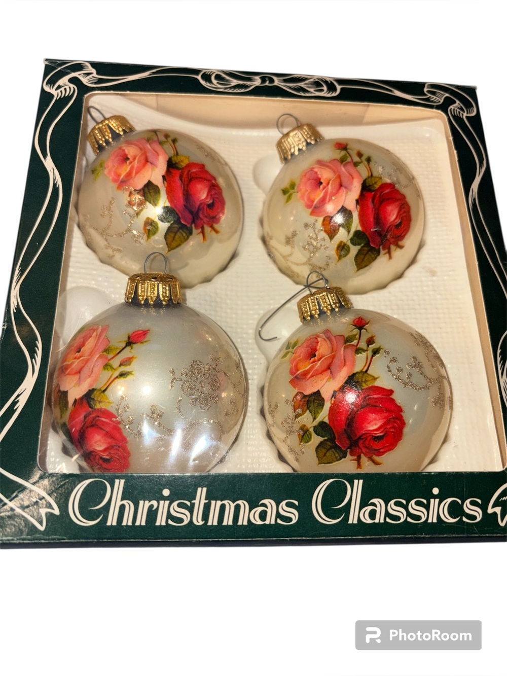 4 Vintage Christmas by Krebs Glass Ornaments Victorian Red & Pink Roses Memories